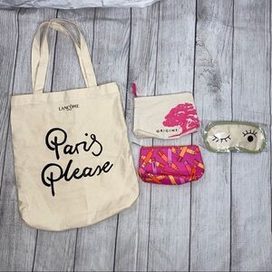 Lancôme Paris canvas tote, makeup bags, sleep mask